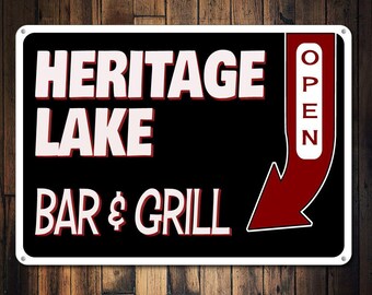 Bar & Grill Sign, Custom Lake House Sign, Lake Location Sign, Lake House Decor, Open Arrow Sign, Bar Sign - Quality Aluminum Grill And Bars