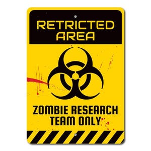 Teken met beperkt gebied, teken wetenschapper, teken onderzoeker, zombiecadeau, zombieteken, waarschuwingsbord, waarschuwingsteken, teken gevaarlijk, teken kwaliteitsmetaalstraling afbeelding 3