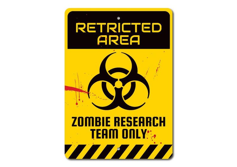 Teken met beperkt gebied, teken wetenschapper, teken onderzoeker, zombiecadeau, zombieteken, waarschuwingsbord, waarschuwingsteken, teken gevaarlijk, teken kwaliteitsmetaalstraling afbeelding 3