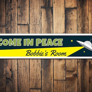 UFO Kid Sign, UFO Sign, Space Alien Sign, Custom Sign for Space Lover Gift, Alien Lover Gift, Come In Peace Sign-Quality Aluminum