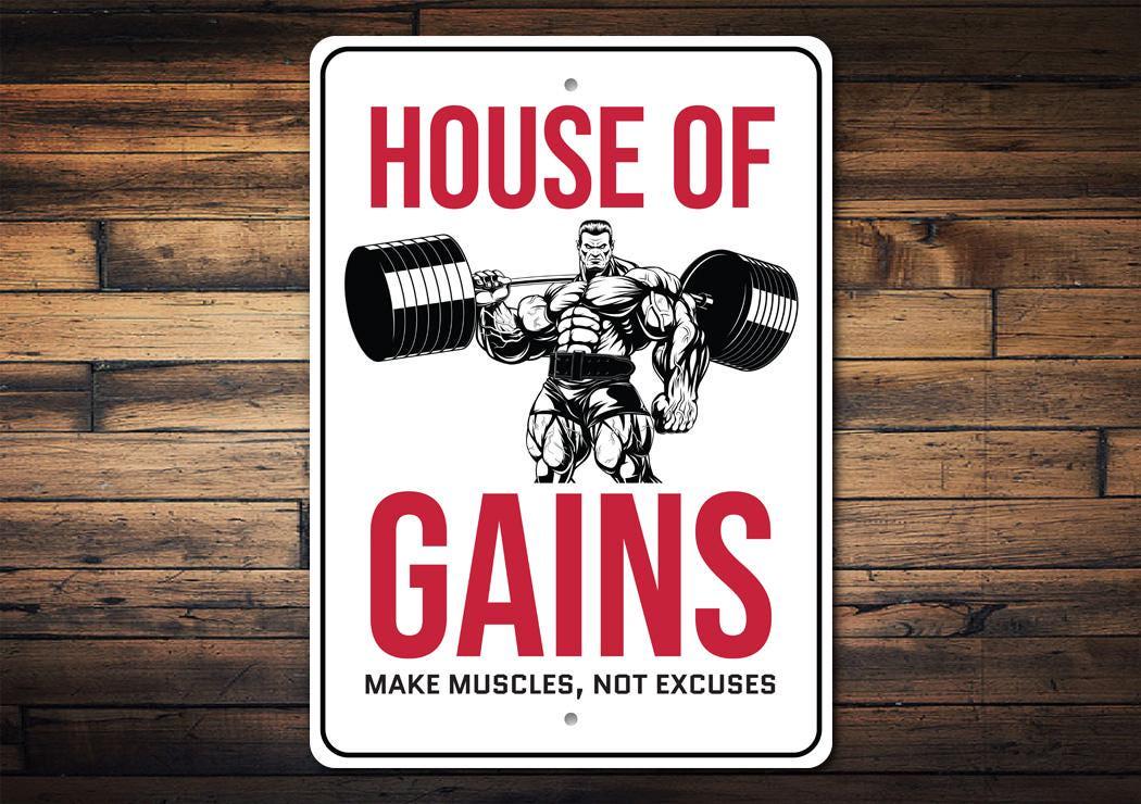 House Of Gains Sign, Home Gym Decor, Weightlifting Sign, Bodybuilding Sign, Muscle Building Sign, Gym Wall Decor, Gym Gifts - Metal Sign