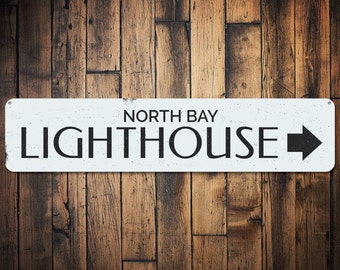 Lighthouse Arrow Sign, Personalized Beach House Sign, Custom Lighthouse Collector Gift, Metal Beach Lover Sign - Quality Aluminum Lighthouse