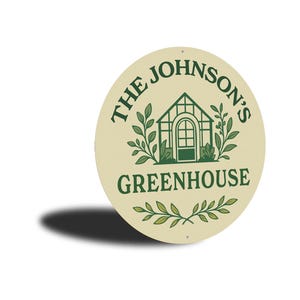 A round sign with the text "THE JOHNSON'S GREENHOUSE" and a graphic of a greenhouse.