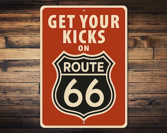 Get your Kicks on Route 66 Metallschild - Vintage Route 66 Straßenschild, Retro Americana Garage Dekor, klassische Route 66 Wandkunst