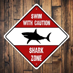 Swim With Caution Sign, Shark Caution Sign, Caution Sign, Beach Decor, Shark Beach Sign, Sign For Sharks, Shark Lovers - Quality Metal Sign