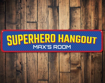 Superheld Hangout Sign, Custom Kid Name Bedroom Sign, Superhero Lover Gift, Gepersonaliseerde Kinderspeelkamer Decor - Kwaliteit Aluminium Sign Decor