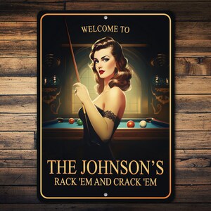 Man Cave Billiards Sign, Dads Man Cave, Pin Up Girl Sign, Retro Pool Decor, Pool Table Sign, Family Billiards Sign, Custom Game Decor