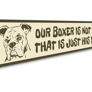 Puede incluir: Un letrero de metal beige con texto marr&oacute;n y una ilustraci&oacute;n marr&oacute;n de un perro boxer. El texto dice "Nuestro Boxer no est&aacute; enojado, esa es solo su cara."