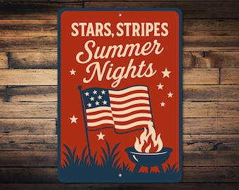 Skylt med stjärnor och ränder för sommarnätter, skylt med veranda och 4 juli-motiv, skylt med sommargrill, skylt med amerikansk flagga, skylt med frihet på verandan, skylt med USA-trädgård - Metallskylt
