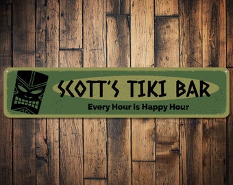 Happy Hour Sign, Tiki Bar Sign, Personalized Beach Bar Sign, Custom Home Bar Name Sign, Metal Beach Bar Decor, Metal Sign - Quality Aluminum