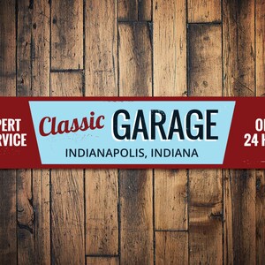 Classic Garage City State Sign, Personalized Open 24 Hours Expert Service Sign, Custom Metal Mechanic Man Cave Decor - Quality Aluminum