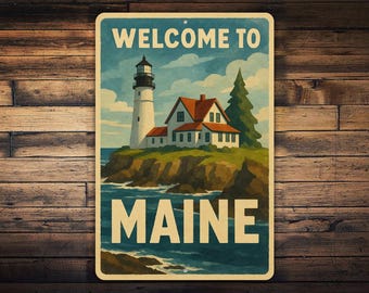 Welcome to Maine Metal Sign – Lighthouse Coastal Wall Art, Retro New England Seaside Scene, Vintage Maritime Americana Metal Décor