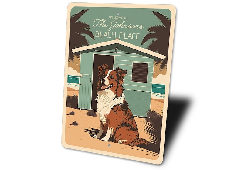 Australian Shepherd Schild, individuelles Strandhaus Dekor, individuelles Willkommensschild mit Familienname, Aussie Mom Hundeliebhaber Geschenk, Wohnkultur Geschenk, Metallschild Bild 4