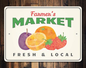 Letrero metálico para mercado de agricultores - Decoración con productos frescos y locales - Arte rústico para la pared de la cocina - Letrero de puesto de frutas de granja - Decoración de mercado rural