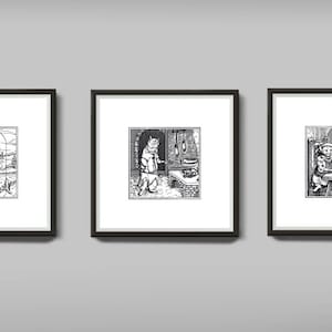 Cat Woodcut Set - Medieval Cats with Fish (set of 3)