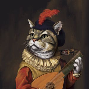 Musician Cat with Renaissance Lute