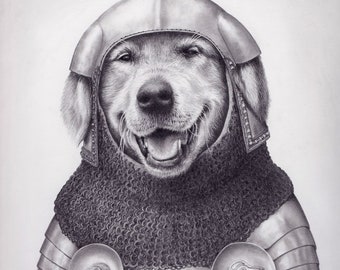 Golden Retriever Knight - Dog in 14th Century Armor - Dog Art Print