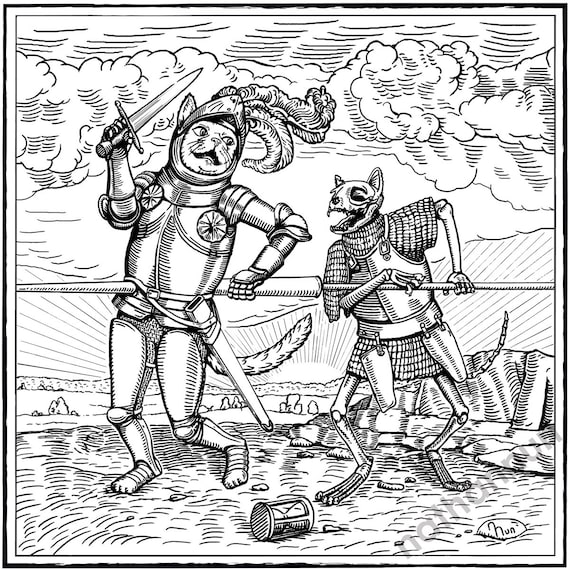 Mort De Chevalier Chat Impression De Gravure Sur Bois De Chat Etsy