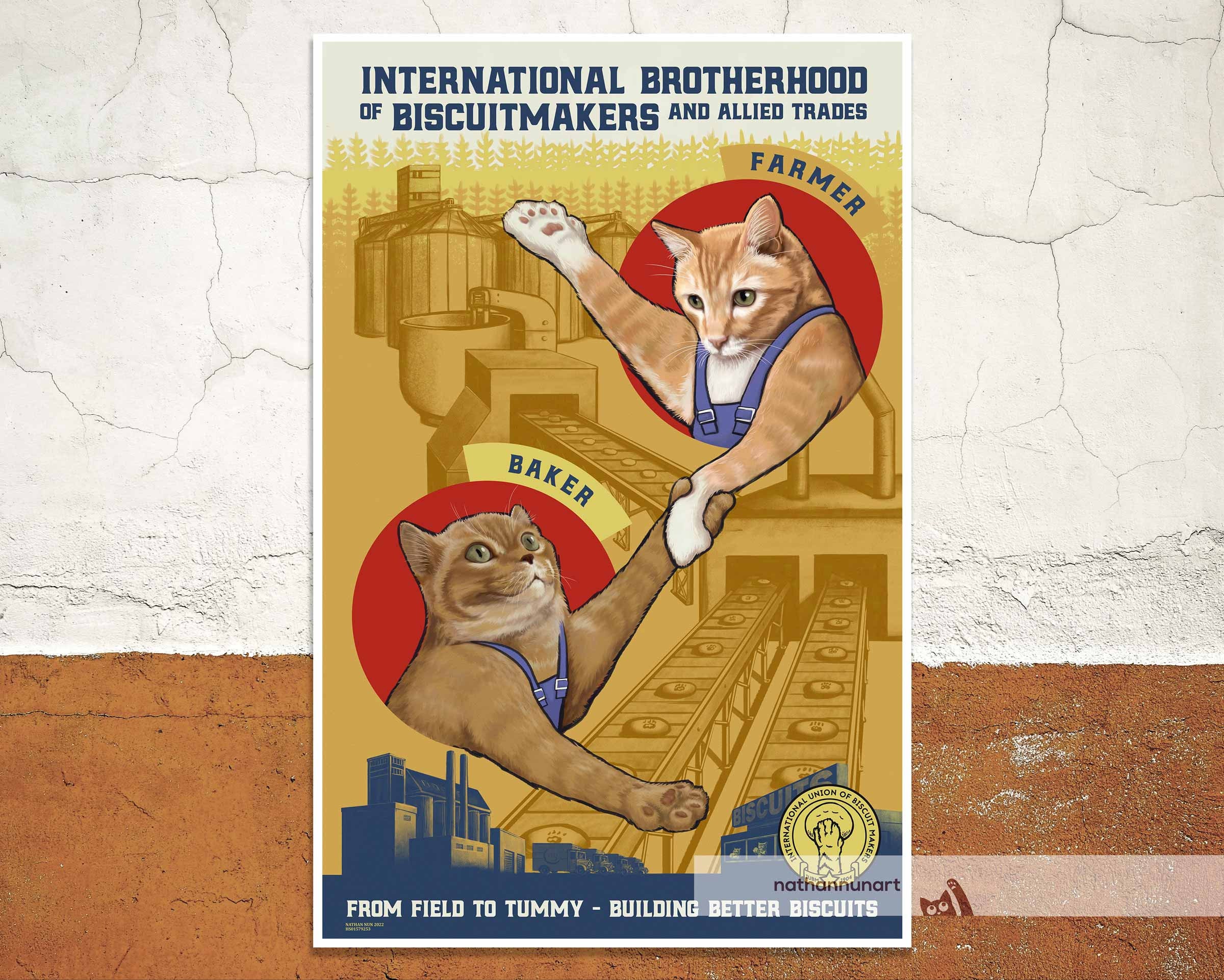 Soviet Cat Poster - International Brotherhood of Biscuit Makers - From Field to Tummy - Building Better Biscuits