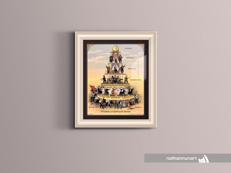 May include: Framed vintage print of the 'Pyramid of Capitalist System'. The artwork shows a multi-layered pyramid with figures representing different social classes. The print is framed in a white and black frame, and is displayed against a grey wall.