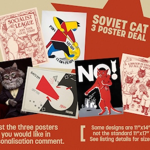 May include: A selection of six cat-themed posters in diverse styles, including propaganda art and graphic illustrations. The posters feature text such as "SOVIET CAT 3 POSTER DEAL", "SOCIALIST LEAGUE", and "NO!". The designs are on a red and beige background.