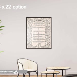 May include: A framed print with the text "Socialist Sunday School Ten Commandments" in black. The print has decorative borders and illustrations. The frame is black, and the print is displayed on a white wall.