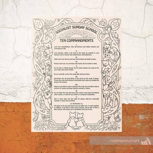 May include: A black and white print titled "Socialist Sunday School Ten Commandments." The artwork features stylized cats, decorative vines, and text. The print is on a cream-colored background with a brown and white wall.