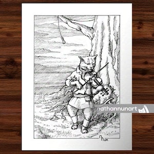 May include: A black and white pen and ink drawing of a cat playing a violin under a tree. The cat is wearing a shirt and trousers. The drawing is signed "nun".