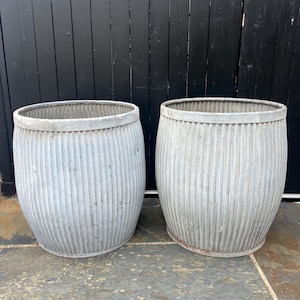 May include: Two weathered, galvanized metal planters with vertical ribbed sides. The planters have a barrel shape and a silver-gray color. They are suitable for outdoor use and add a rustic touch to any garden or patio.