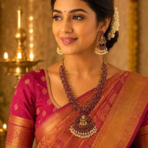 May include: A gold necklace featuring a central pendant with a deity figure, surrounded by deep red stones and small white pearls. Matching gold drop earrings with red stones and pearl accents complement the set, worn with a magenta sari.