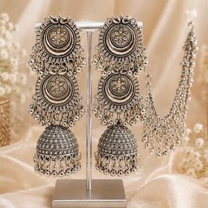 Oxidized Silver Long Jhumka Earrings with gungroo sahara chain | Traditional Indian Boho Tribal Jewelry