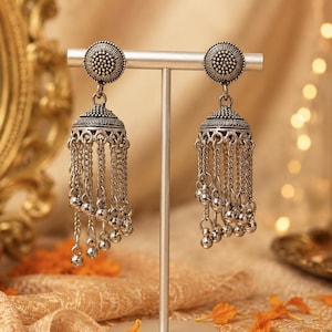 Oxidized Silver Tassel Jhumka Earrings | Lightweight Boho Indian Statement Jewelry