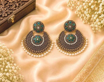 Peacock Chandbali Gold Tone Earrings  | Blue Green Stone Earrings | Indian Wedding Jewelry