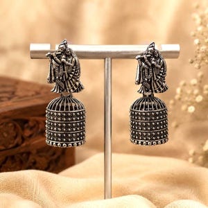Oxidized Silver Radha Krishna Jhumka Earrings | Lightweight Indian Temple Style Daily Wear