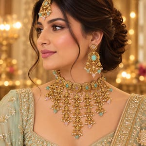 May include: A gold-toned jewelry set featuring a choker necklace, drop earrings, and a maang tikka. Each piece is crafted with intricate metalwork, light green and soft pink oval stones, and small white pearl-like bead accents.