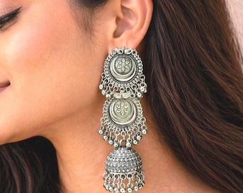 Oxidized Silver Long Jhumka Earrings with gungroo sahara chain | Traditional Indian Boho Tribal Jewelry