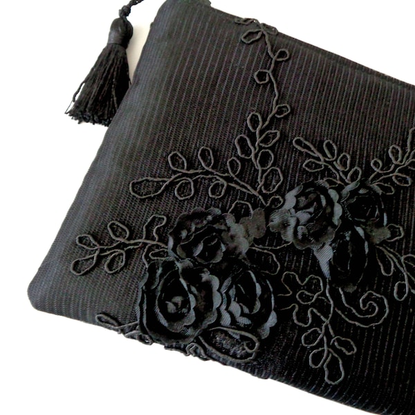 Black clutch, satin clutch, lace clutch, floral clutch, bridal clutch, wedding purse, bridesmaid gift, evening bag, holiday purse