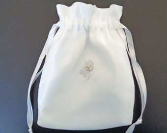 White Drawstring Bag, Money Dance Bag, Brides Dance Bag, Bridesmaid Gift, Brides Purse, jewelry pouch, cosmetic bag, flower girl bag