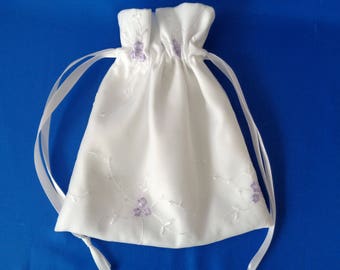 White drawstring bag, lavender purse, drawstring bag, dance bag, money dance bag, bride purse, bridesmaid gift, evening bag, flower girl