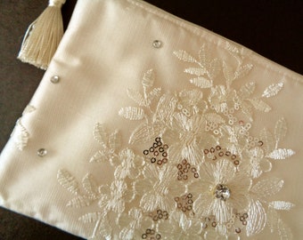 Ivory clutch, rhinestone purse, bridal clutch, bride purse, evening bag, lace purse, wedding purse, bridesmaid gift, floral clutch