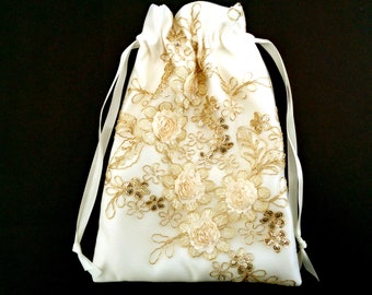 Gold drawstring bag, ivory drawstring bag, money bag, money dance bag, bridesmaid gift, bride purse, evening bag, flower girl bag