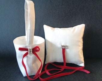 White ring bearer pillow, white flower girl basket, white ring pillow, red flower girl basket, red ring bearer pillow, flower girl purse