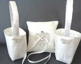 White flower girl basket, white ring bearer pillow, Rhinestone flower girl and ring pillow, flower girl basket, ring pillow, flower girl