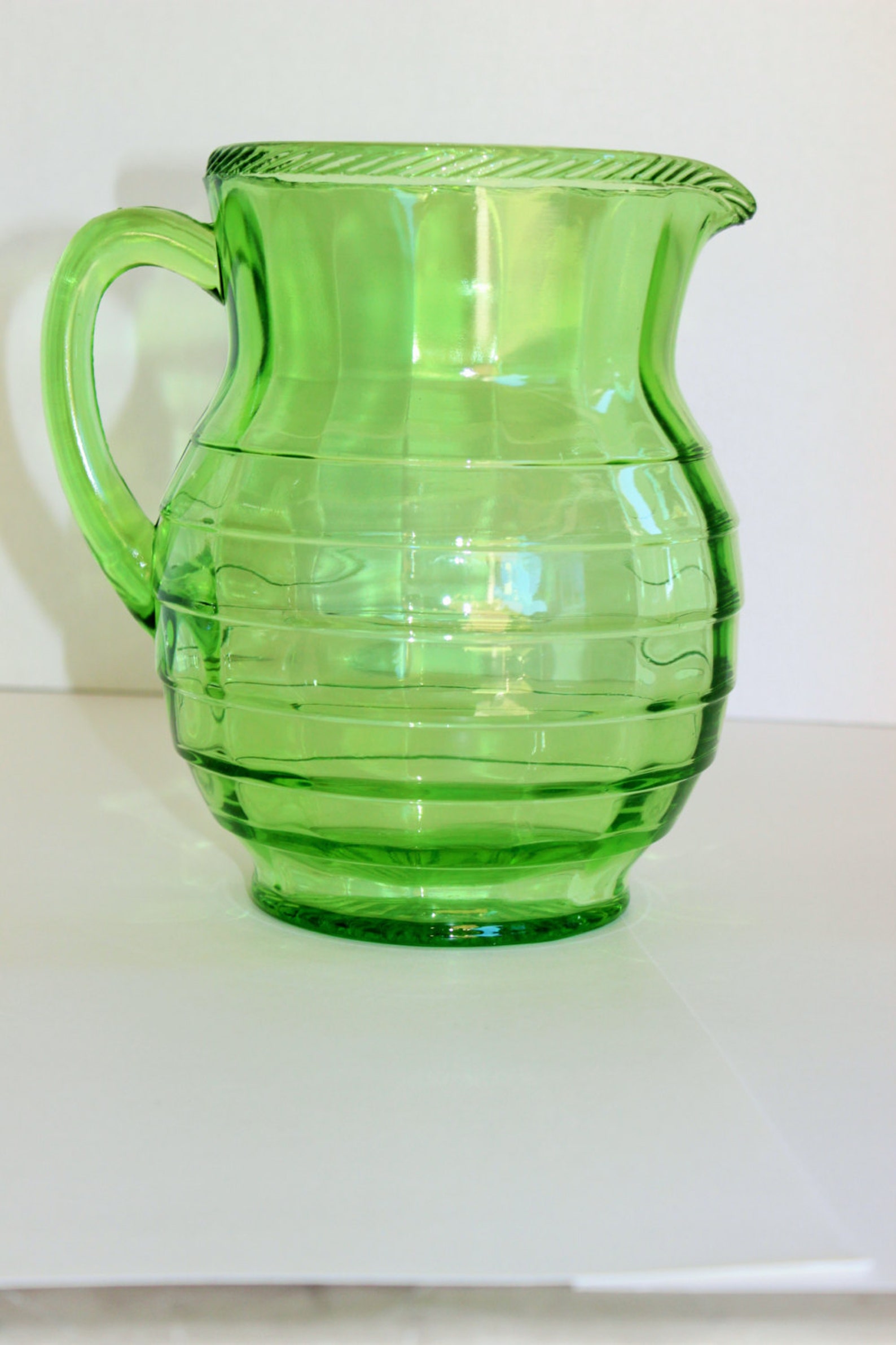 Vintage Green Depression Glass block Optic Pitcher Etsy