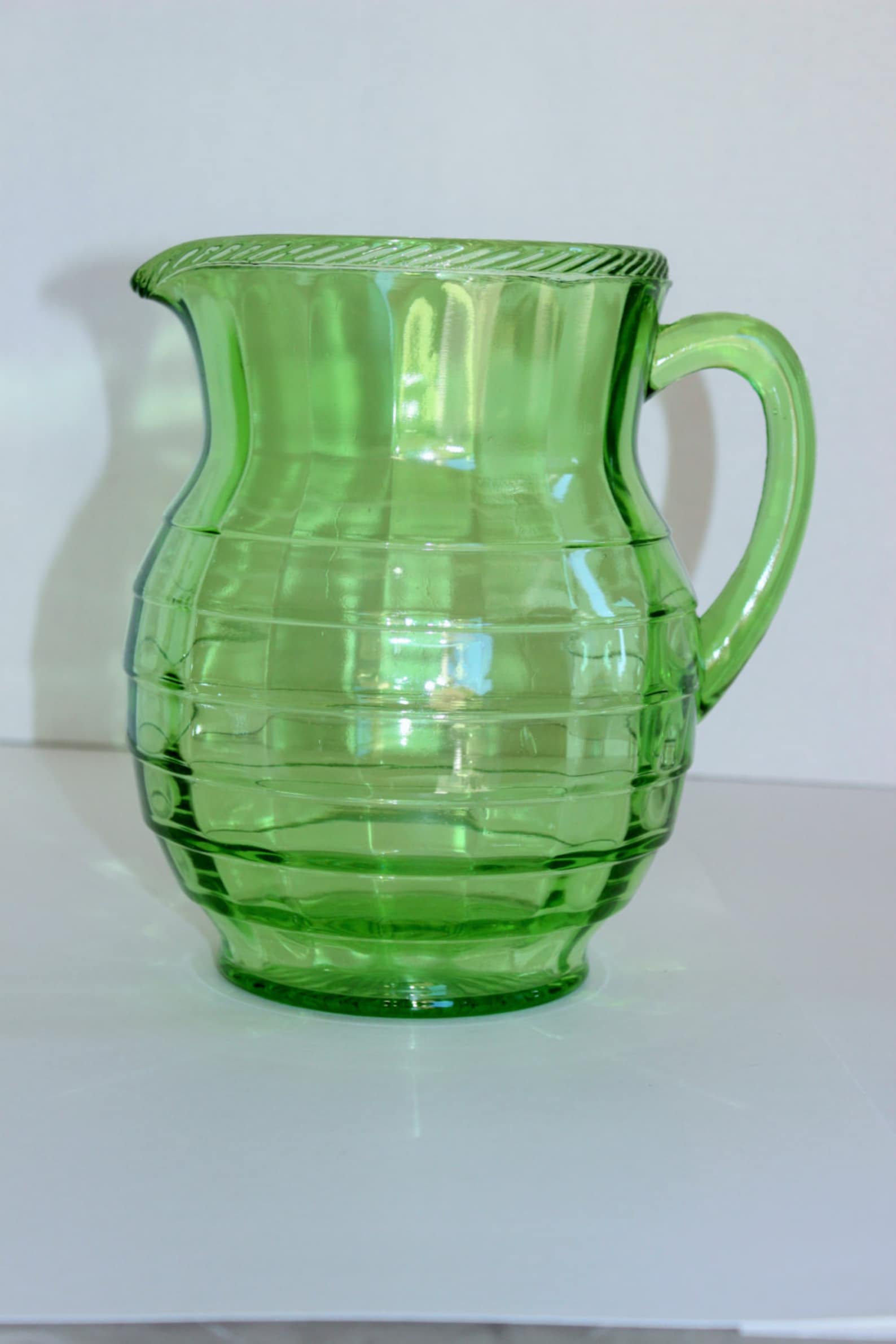 Vintage Green Depression Glass block Optic Pitcher Etsy