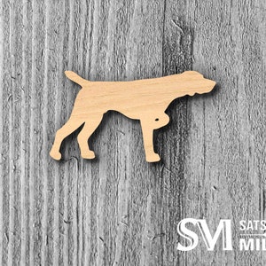 May include: Wooden cutout of a dog in a standing position. The dog is light brown and has a long snout and floppy ears. The cutout is on a gray wood background.