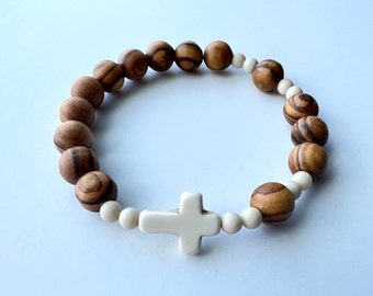 Rosary Bracelet - Holy Land Olive Wood and Petrified Stone - Stretch Bracelet - Gifts for Her - Gift for Him - Catholic Gifts - Rosary Beads