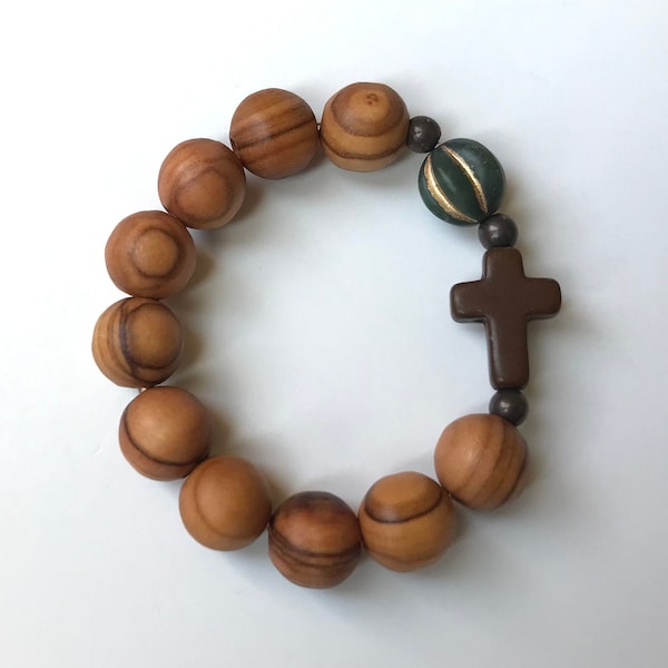 Pocket Rosary -2.25" Diameter Finger Rosary-Holy Land Olive Wood and Czech Glass-Stretch-Gift for Her & Him-Catholic Gift-Catholic Rosary