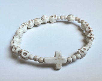 Momento Mori Rosary Bracelet-Day of the Dead Rosary Bracelet-Ivory Howlite-Stretch-Single Decade-Christian Gift-Gfit for Her-Gift for Him