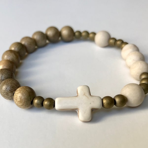 Neutral-Toned Rosary Bracelet -Natural Aromatic Sandawood and Petrified Wood -Stretch -Gift for Her -Catholic Gift -Christian Prayer Beads